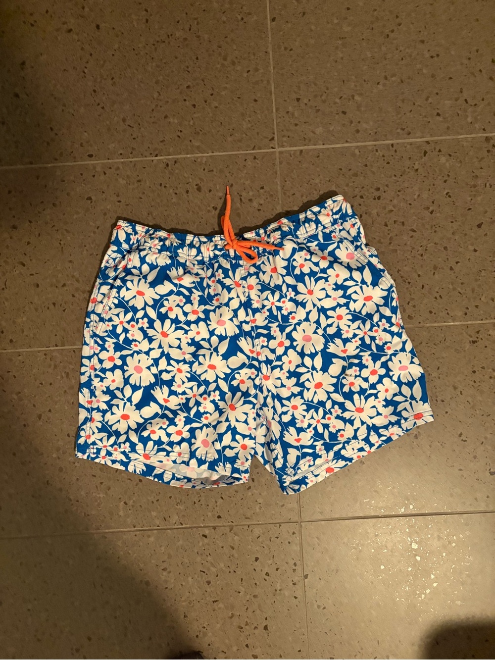 J. Crew Blue Floral Swim Trunks with Orange Drawstring
